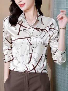 2024 Sonbahar Kadın Gömlek Moda Baskı Saten uzun Kollu Bluz Vintage kadın Zarif Bluzlar OL Üstleri Kadın Giyim J17