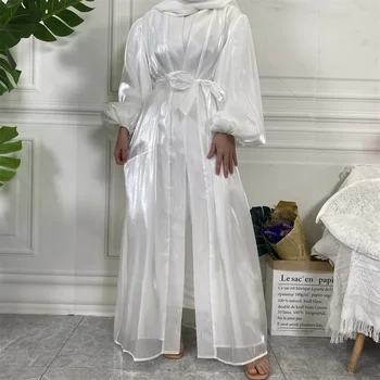 Beyaz Kimono Abaya Yaz Parlak Saten Balon Kollu Müslüman Başörtüsü Elbise Suudi Açık Abayas Kadınlar için Dubai Hırka Türkiye İslam