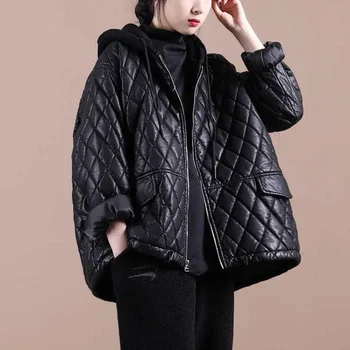 Kış Ceket Gevşek kadın Sonbahar kışlık palto 2023 Yeni Kore Şık Sıcak Eşkenar Dörtgen Ekose Kalın Kapşonlu PU Deri Ceket Kadın