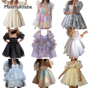 Maemukilabe Kadın Kawaii Puf Kollu Tül Prenses Elbise Vintage Kapalı Omuz Mini Elbise Kabarık Örgü Parti Balo Abiye