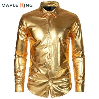 Parlak Altın tasarımcı kıyafetleri Erkekler Parlak Gece Kulübü Gömlek Metalik Disko Parti Cadılar Bayramı Kostüm Erkek Blusas Steampunk Masculino