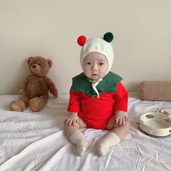 0-2Y Bebek Giysileri Noel Bebek Erkek Kız Uzun Kollu Bodysuit Ve Şapka Pamuk Yenidoğan Toddler Noel Kıyafetleri