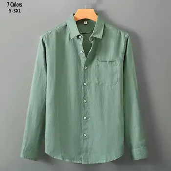 100 % Keten Erkek Gömlek Bahar Sonbahar Yeni Düz Renk Rahat Gömlek Uzun Kollu Homme Bluz Moda Erkek Giyim Tops