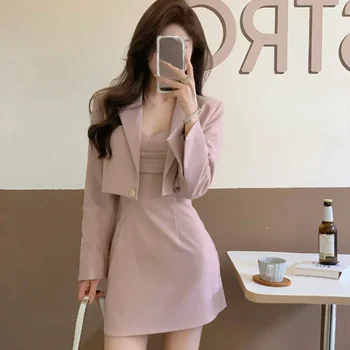 2 Parça Set Kadın Y2k Kırpma Üst Blazers + Mini Kayış Ofis Bayan Kore Giyim Zarif Kısa Parti Elbise 2023 Sonbahar