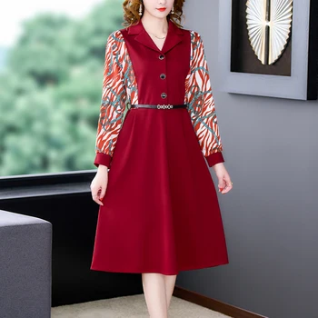 2023 Kırmızı Patchwork Uzun Kollu Midi Elbise Kadınlar Siyah Kore Vintage Hepburn Parti Elbise İlkbahar Sonbahar Zarif Ofis Bayan Elbise