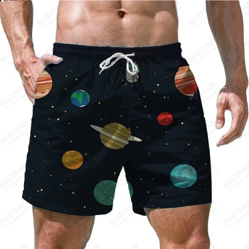 2023 Yaz erkek Yeni Şort plaj pantolonları Uzay Gezegen 3D Baskı Hawaii Plaj Tarzı Büyük erkek İpli Ev basketbol şortu