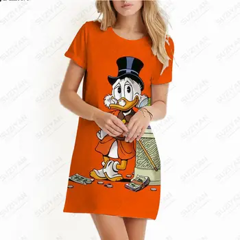 2023 Yaz kadın Disney Mickey Donald Ördek 3D Baskı Elbise Yuvarlak Boyun Kısa Kollu Elbise Casual Kadın Moda Yeni Gevşek Fit