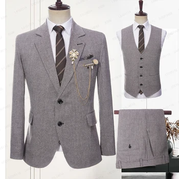 2023 Yeni erkek Yüksek Kaliteli İş Keten Takım Elbise Kahverengi Beyaz Balıksırtı Düğün Damat Elbise Smokin 3 Adet Set(Ceket + Yelek + Pantolon)