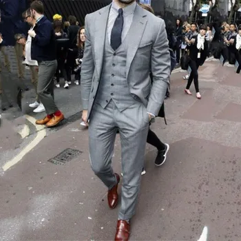 3 Adet Gri Erkek Takım Elbise Çentikli Yaka Smokin Düğün İçin Tailor Made Damat Giyim Resmi İş Erkek Blazer Kostüm Homme