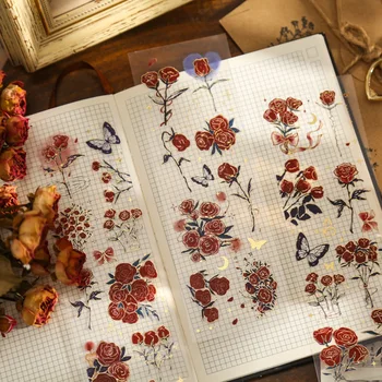 3 yaprak / paket Gül Kıyamet Serisi PET Kabartmalı Etiket Altın Folyo ile Bitki Çiçek DIY Scrapbooking Kırtasiye