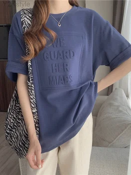3D Harfler Şık Moda T Shirt 2023 kadın Kısa Kollu Düz günlük t-shirt Yaz Gevşek O-Boyun Temel Günlük Tee Tops