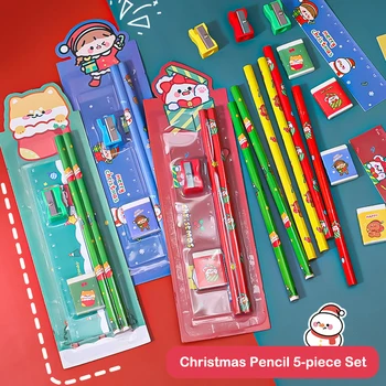 5 Adet Noel Kırtasiye Seti Sevimli Kalemtıraş Silgi Cetvel Seti Hediye Çocuklar İçin Okul Ofis Yazma Malzemeleri Kırtasiye