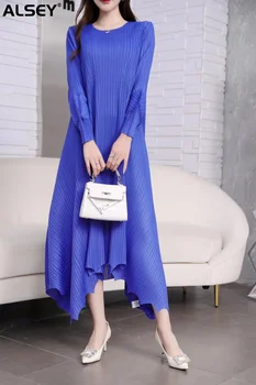 ALSEY Miyake Pilili Moda Zarif Düzensiz Elbise Kadınlar için Bahar Yeni Basit O-Boyun Uzun Kollu Düz Renk Gevşek Elbiseler