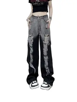 Anivia Kot Y2K Hip Hop Siyah Gevşek Dikiş Tasarım Düz Kot Erkekler Kadınlar Yeni Gotik Yüksek Bel Geniş Bacak Pantolon Streetwear