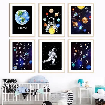 Astronot Uzay Gezegen Dijital Alfabe Kreş duvar sanatı tuval yağlıboya İskandinav Posterler Ve Baskılar Duvar Resimleri Çocuk Odası Dekor