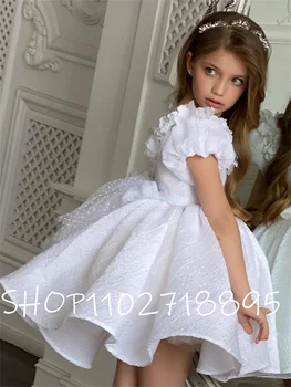Beyaz Çiçek Kız Elbise Kabarık Kız Prenses Elbise Bebek Kız Elbise Düğün Parti Elbise Çocuklar Yaz Kısa Elbiseler