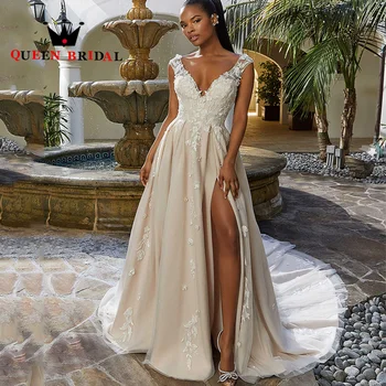 Büyüleyici Yüksek Yan Yarık düğün elbisesi 2023 V Boyun Kolsuz Aplikler Backless gelin kıyafeti Vestidos De Novia Özel Y60W