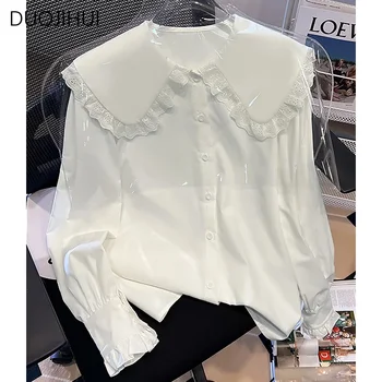DUOJIHUI Beyaz Sonbahar Tatlı Şık Boyun Basit Kadın Gömlek Yeni Temel Uzun Kollu Moda Düz Renk Casual Düğme Kadın Gömlek