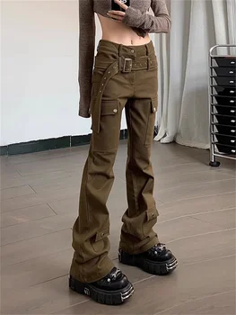 Deeptown 90s Vintage Kahverengi Kargo Pantolon Kadın Y2K Techwear Estetik Kot Boy Streetwear Harajuku Retro Kemer Denim Pantolon