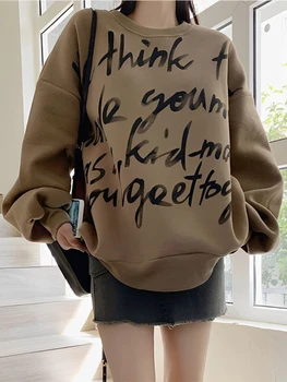 Deeptown Vintage Streetwear Boy Hoodies Kadın Harajuku Kpop Mektubu Baskı O-Boyun Tişörtü Moda Gevşek Rahat Y2K Tops