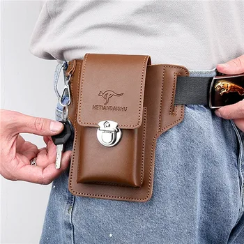 Deri cep telefonu çantası seti erkek bel çantası anahtar dikey yaz erkek şantiye bel çantası etrafında bir kemer giyiyor.