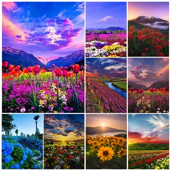DİY 5D Elmas Boyama Güzel Doğa Manzarası Mozaik Güzel Çiçek Dağlar ve Gökyüzü Elmas Nakış Ev Dekorasyon