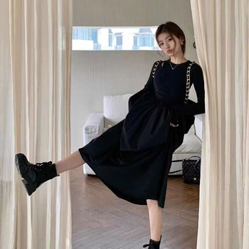 Elbiseler Vintage Örgü Mizaç Slim Fit Kadın Giyim O Boyun Lady Casual Cepler Bodycon Midi Elbise Kış Siyah