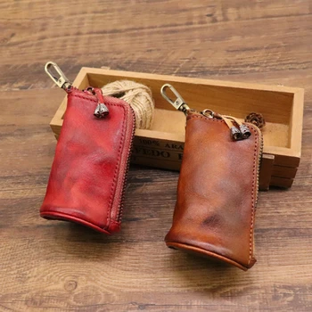Erkek Deri anahtar çantası Anahtarlık Tutucu Moda Retro Fermuar Ev saklama çantası Çift Anahtar Paketi Araba anahtar çantası Adam için