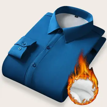 Erkek Oxford İplik Sıcak Uzun Kollu Gömlek 2023 Kış Yeni Kadife Kalın Düz Renk Rahat İnce Gömlek Moda Erkek Giyim
