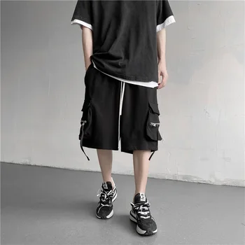 Erkek Siyah Streetwear Kargo Şort Gevşek Şeritler Japon Moda Streetwear Hip Hop kısa pantolon