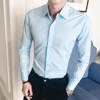 Erkek Yeni İngiliz Tarzı Moda erkek Gençlik Rahat Uzun Kollu Gömlek Kore Versiyonu Slim Fit Düz Renk Gömlek