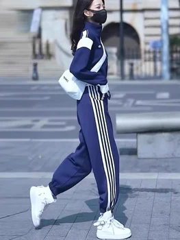 Eğlence Spor Stil Seti kadın Sonbahar Patlayıcı Sokak Avrupa Moda Moda Zayıflama Ceket Üst ve CasualPants İki Parçalı Set