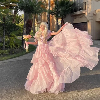 Güzel Pembe Organze Balo Elbise 2024 Uzun Akşam Parti Kıyafeti Sevgiliye Kısa Kabarık Kollu Katmanlar Kadın Cosplay Prenses Gala