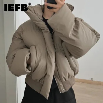 IEFB Standı Yaka Erkek PU Deri Parkas Yeni Moda Düz Renk Cepler erkek Yastıklı Ceketler Casual Pamuk Palto Kış 9C4296