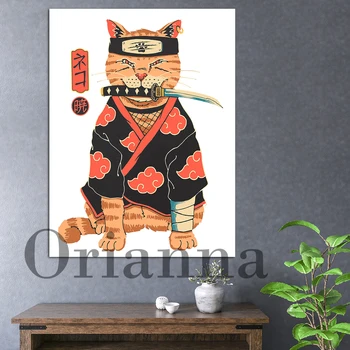 Japonya Komik Kedi Ninja Duvar sanat baskı Basit Tuval Boyama Samurai Kedi Baskı, kedi Savaşçı Ninja Savaşçı Baskı Kedi Samurai Poster