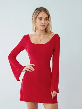 Kadın A-Line U boyun Mini elbise rahat Uzun çan Kollu Scoop Boyun düz renk elbise parti Kıyafeti