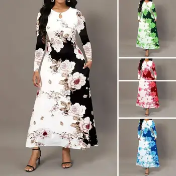 Kadın Giyim Çiçek Baskı A-line Maxi Elbise Uzun Kollu Cepler kadın Balo Parti Featuring Gevşek Hem Sıkı Bel