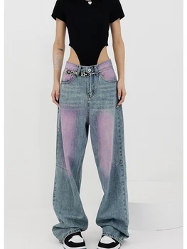 Kadın Pembe Mavi Renk Kontrast Tasarım Kot Yaz Yeni Şık Hiphop Streetwear Kadın Yüksek Bel Düz Geniş Bacak Kot pantolon