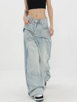 Kadın Retro Yıkama Düz Yüksek Bel Jean Pantolon Baggy Yırtık Püskül Tasarım kot pantolon Kadın Amerikan Tarzı Streetwear Şık