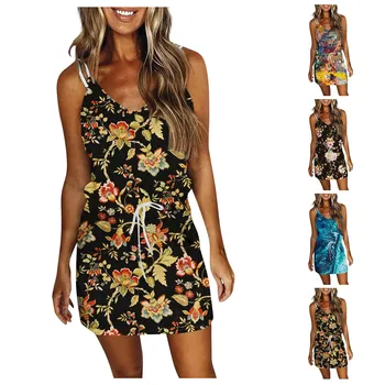 Kadın yaz elbisesi Gevşek V Boyun Çiçek İpli Elbise Seti Pamuk Maxi Elbiseler Kadınlar için Plaj Giyinmiş Bayan Yaz için
