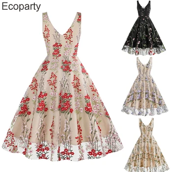 Kadınlar Çiçek Örgü Nakış Akşam Parti Zarif Hepburn Elbise Vintage Zarif Lüks Kolsuz evaze elbise Lady Vestidos