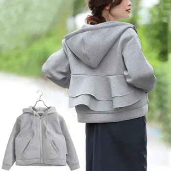 Kapşonlu fermuarlı sweatshirt Kadın Y2K Estetik Katı Tüm Maç Sevimli Bahar Kırpılmış Hırka Ceket Kore Ruffles Kısa Hoodies
