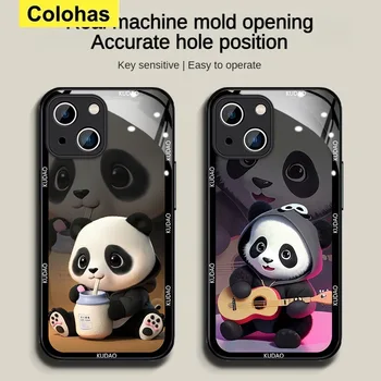 Karikatür Panda Chinoiserie cam telefon kılıfı için iPhone 14 13 12 11 Pro Max Kişisel Moda Tam Lens Darbeye Dayanıklı koruyucu kapak