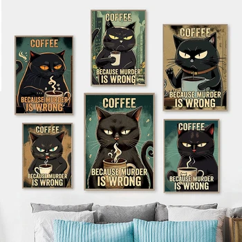 Komik Kedi Içme Kahve Siyah Kahve Kedi Cinayet Yanlış Alıntı Modern Karikatür Tuval Boyama Duvar Sanatı Odası Ev Dekor