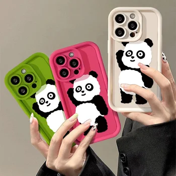 Komik Sevimli Panda Telefon Kılıfı İçin iPhone 15 14 11 12 13 Pro Max X XR XS Max 7 8 Artı Kamera Koruma Silikon Darbeye Dayanıklı Kapak