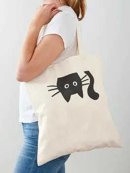 Komik siyah kedi Tote çanta Reuseable tuval moda alışveriş bakkal okul Femal Gril Wo