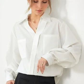 Kore Gevşek Cep Ofis Bayan Bluz Zarif Fener Uzun Kollu Beyaz Gömlek Kadın Casual Turn-aşağı Yaka Bluzlar Blusa 29915