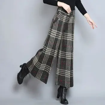 Kore Moda Yüksek Bel Geniş Bacak Pantolon Kadın İlkbahar Sonbahar Kalınlaşmak Yeni Ekose Rahat Gevşek Vintage Estetik Yün Pantolon