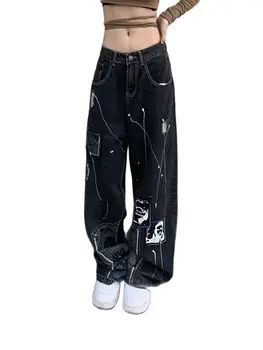Kot Y2K Harajuku Hip Hop Siyah Patchwork Sonbahar 90s Şalvar Kot Erkekler Kadınlar Yeni Gotik Yüksek Bel Geniş Bacak Pantolon Streetwear