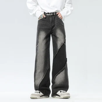 LACIBLE Batik Patchwork Geniş Bacak Kot 2023 Yıkanmış kot pantolon Sonbahar Kış Açık günlük kot Erkekler Kadınlar Streetwear Pantolon